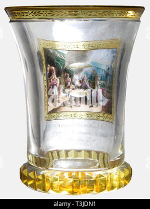 Napoleon and Francois II after the Battle of Austerlitz, a Viennese glass beaker, Fürchtegott Leberecht Fischer, circa 1900 Crystal glass flashed with yellow coloured glass in places and golden decoration. The front bears a transparent enamel painting showing the meeting between Napoleon and the Austrian Emperor Franz II on 4 December 1805 at Nasiedlowitz, signed, 'F.L.F. pinx' at the lower left above the title and date, '4 décembre 1805.' A circular lens ground on the back, and a protuding serrated 'cogwheel' base ring as well as a star ground i, Additional-Rights-Clearance-Info-Not-Available Stock Photo