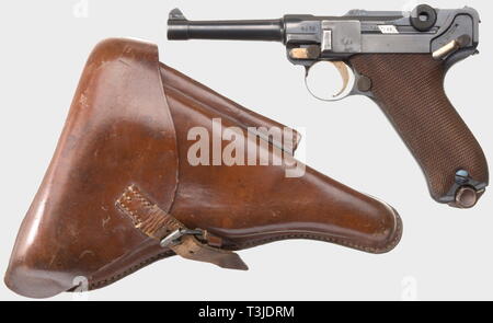 A Pistol 08 Erfurt 1913 with Bavarian holster, calibre 9 mm Parabellum, no. 4932a. Matching numbers including firing pin. Bright bore. Proof mark: imperial heraldic eagle. Acceptance stamps on all parts. Model without slot for shoulder stock. Complete original bluing with wear marks only on trigger plate with light spots. Small parts yellow or blue. Flawless walnut grip panels with matching numbers. Spotty, nickel-plated sheet metal magazine. Almost new condition. Complete with brown smooth leather holster, manufacturer's stamp 'B/AWM/9/14' (Arti, Additional-Rights-Clearance-Info-Not-Available Stock Photo