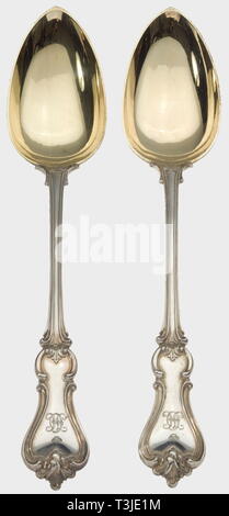 Two large serving spoons from the table silver, dated 1840, the Tsar's court jeweller, Nichols & Plinke, St. Petersburg Partially gilded silver. Each spoon bears the engraved monogram 'ON' beneath a grand ducal coronet and the crowned Russian double-headed eagle, St. Petersburg hallmarks for '84' zolotniki, an inspection mark for Dmitry Ilich Tverskoi '1840', and the work master's mark 'H.A.L.' (Henrik August Long). The bowls of the spoons are gilded. Lengths 29 cm. Weights 225 and 227 g. In excellent condition. The comprehensive silver service w, Additional-Rights-Clearance-Info-Not-Available Stock Photo