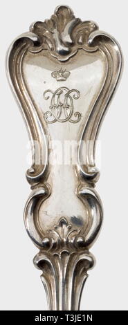 Two large serving spoons from the table silver, dated 1840, the Tsar's court jeweller, Nichols & Plinke, St. Petersburg Partially gilded silver. Each spoon bears the engraved monogram 'ON' beneath a grand ducal coronet and the crowned Russian double-headed eagle, St. Petersburg hallmarks for '84' zolotniki, an inspection mark for Dmitry Ilich Tverskoi '1840', and the work master's mark 'H.A.L.' (Henrik August Long). The bowls of the spoons are gilded. Lengths 29 cm. Weights 225 and 227 g. In excellent condition. The comprehensive silver service w, Additional-Rights-Clearance-Info-Not-Available Stock Photo