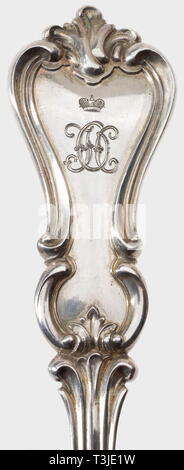 Two large serving spoons from the table silver, dated 1840, The Tsar's court jeweller, Nichols & Plinke, St. Petersburg Partially gilded silver. Each spoon bears the engraved monogram 'ON' beneath a grand ducal coronet and the crowned Russian double-headed eagle, St Petersburg hallmarks for '84' zolotniki, an inspection mark for Dmitry Ilich Tverskoi '1840', and the work master's mark 'H.A.L.' (Henrik August Long). The bowls of the spoons are gilded. Lengths 29 cm. Weights 226 and 236 g. In excellent condition. The comprehensive silver service wa, Additional-Rights-Clearance-Info-Not-Available Stock Photo