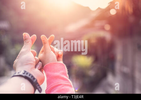 couple lover hand mini heart sign symbol for loveing together concept. Stock Photo