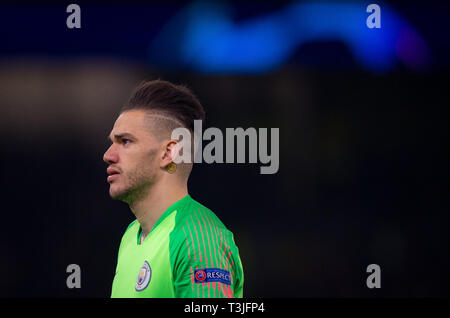 London, UK. 09th Apr, 2019. Goalkeeper Ederson of Man City with a smiley face tattoo on neck during the UEFA Champions League 1st leg match between Tottenham Hotspur and Manchester City at Tottenham Hotspur Stadium, London, England on 9 April 2019. Photo by Andy Rowland. Credit: PRiME Media Images/Alamy Live News Stock Photo