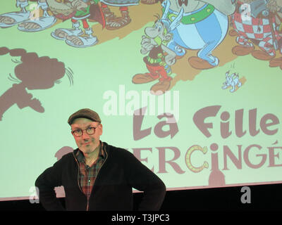 Paris, France. 10th Apr, 2019. Jean-Yves Ferri, author of the next comic adventure by Asterix and Obelix, talks a little about the content when he presents the new issue, which is due to appear on October 24, 2019. (to dpa 'In the next Asterix: Tension around the daughter of a great hero') Credit: dpa picture alliance/Alamy Live News Stock Photo