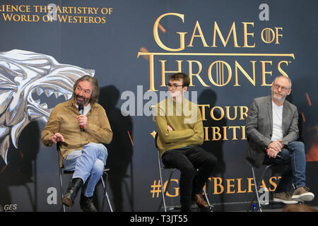 Belfast, UK. 10th Apr 2019. Ian Beattie actor (left), Isaac Hempstead Wright, actor (centre) and Liam Cunningham, actor (right) and Michele Clapton (right) take turns speaking to the media on the opening of the Game of Thrones Touring Exhibition in Belfast.The highly-anticipated exhibition will be open to the public from April 11th to the 1st of September 2019. Visitors can explore the settings and view authentic artefacts from a number of scenes. Credit: Paul McErlane/Alamy Live News Stock Photo