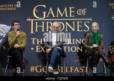 Belfast, UK. 10th Apr 2019. Isaac Hempstead Wright, actor (left), Liam Cunningham, actor (centre) and Michele Clapton (right) award-winning costume designer, take turns speaking to the media on the opening of the Game of Thrones Touring Exhibition in Belfast.The highly-anticipated exhibition will be open to the public from April 11th to the 1st of September 2019. Visitors can explore the settings and view authentic artefacts from a number of scenes. Credit: Paul McErlane/Alamy Live News Stock Photo