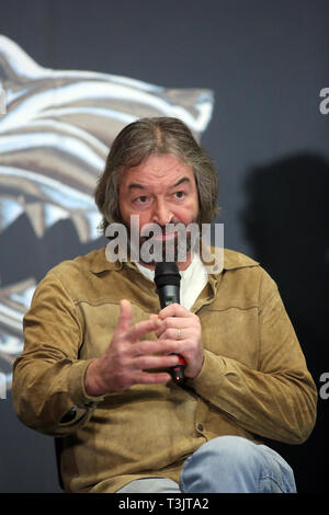 Belfast, UK. 10th Apr 2019. Ian Beattie, Northern Irish actor from Game of Thrones speaks to the media at the launch of Game Of Thrones Touring Exhibition in Belfast, Wednesday 10 April, 2019.The highly-anticipated exhibition will be open to the public from April 11th to the 1st of September 2019. Visitors can explore the settings and view authentic artefacts from a number of scenes. Credit: Paul McErlane/Alamy Live News Stock Photo