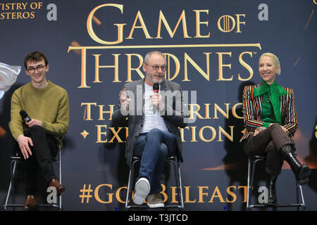 Belfast, UK. 10th Apr 2019. Isaac Hempstead Wright, actor (left), Liam Cunningham, actor (centre) and Michele Clapton (right) award-winning costume designer, take turns speaking to the media on the opening of the Game of Thrones Touring Exhibition in Belfast.The highly-anticipated exhibition will be open to the public from April 11th to the 1st of September 2019. Visitors can explore the settings and view authentic artefacts from a number of scenes. Credit: Paul McErlane/Alamy Live News Stock Photo