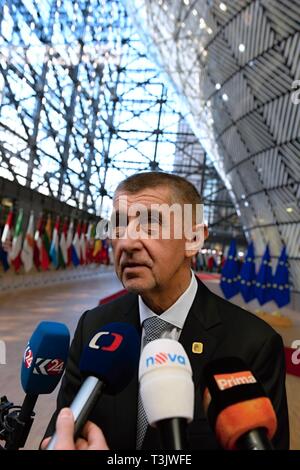 Brussels, Belgium. 10th Apr, 2019. Czech Prime Minister Andrej Babis speaks to journalists prior to talks between heads of EU countries with UK PM Theresa May about Brexit, on April 10, 2019, in Brussels, Belgium. Credit: Jakub Dospiva/CTK Photo/Alamy Live News Stock Photo