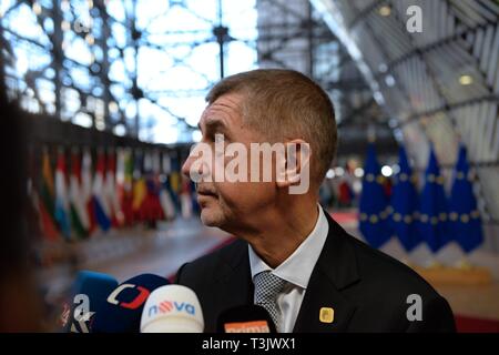 Brussels, Belgium. 10th Apr, 2019. Czech Prime Minister Andrej Babis speaks to journalists prior to talks between heads of EU countries with UK PM Theresa May about brexit in Brussels, Belgium, April 10, 2019. Credit: Jakub Dospiva/CTK Photo/Alamy Live News Stock Photo