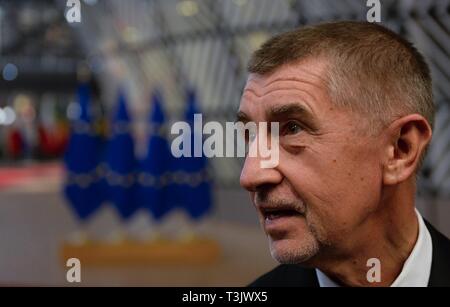 Brussels, Belgium. 10th Apr, 2019. Czech Prime Minister Andrej Babis speaks to journalists prior to talks between heads of EU countries with UK PM Theresa May about brexit in Brussels, Belgium, April 10, 2019. Credit: Jakub Dospiva/CTK Photo/Alamy Live News Stock Photo