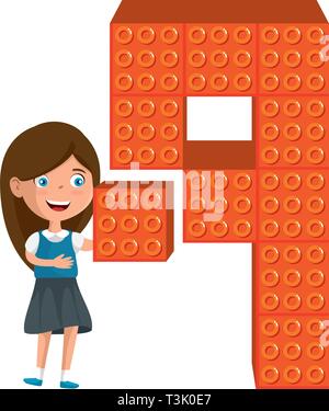 little girl with number nine and toy pieces Stock Vector