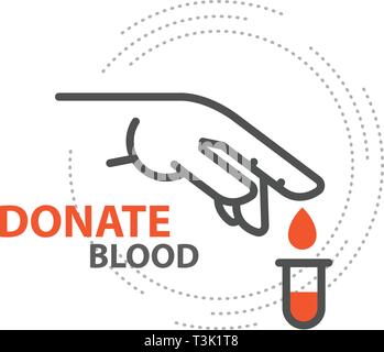 Blood donor - drop of donate blood from finger, charity and blood donation concept Stock Vector