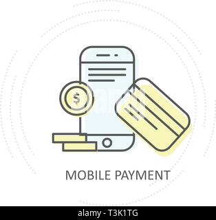 NFC wireless mobile payment icon - smartphone with credit card and coins Stock Vector