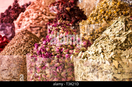 Colorful Spices in spice souk Dubai, all dried herbs nuts and flower spices collections Stock Photo