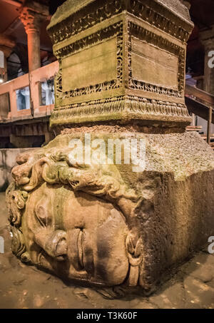 The Column with inverted Medusa head base in Basilica Cistern. Istanbul. Turkey Stock Photo