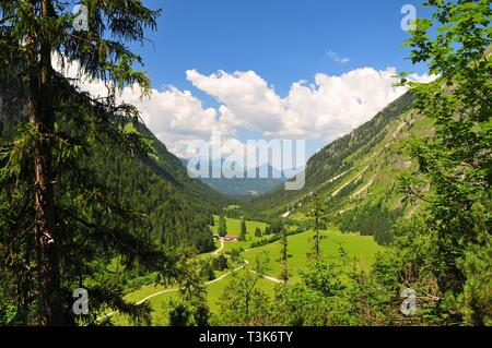 View over the Oytal with the Berggasthof Oytalhaus in west direction, near Oberstdorf in the Swabia, Bavaria, Germany, Europe Stock Photo