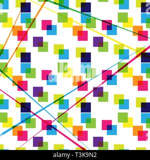 Colorful abstract pattern of multi-colored overlapping squares and intersecting lines Stock Vector
