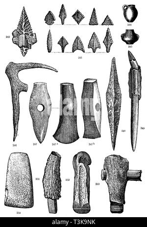 Weapons and objects from the Swiss pile dwellings. 242) Arrowhead fixed with earth resin, 243) Arrowheads, 244, 245) Clay vessels from pile dwellings, 246) Hoe made of deer horn, 247 a, b) Axe hammers, 248) Lancet made of flint stone, 249) Arrowhead made of bone fixed with earth resin, 250) Stone hoe, 251) Stone chisel with deer horn handle, 252) Chisel for woodwork, 253) Stone hammer set in deer horn, wood style,   1874 Stock Photo