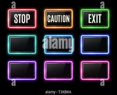 Stop, caution, exit signs. Color rectangle frames. Stock Vector