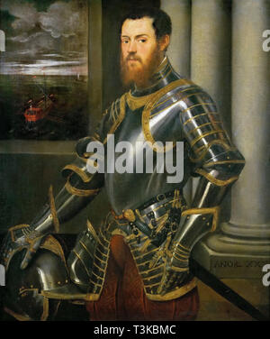 Portrait of a Man in a Gold decorated Suit of Armor, ca 1555. Creator: Tintoretto, Jacopo (1518-1594). Stock Photo