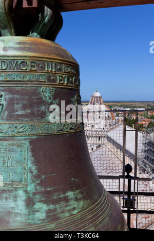 Bell and view from the Leaning Tower of Pisa Stock Photo