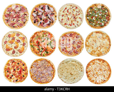 Big set of different pizzas: Ham with mushrooms, Barbecue, Peperoni's, Mexican, Chicken, Meat, Italian, Florentina, Bonanza, Margarita, Marinera Stock Photo