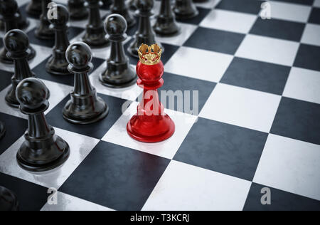 Red chess pawn wearing a crown standing in front of black chess pieces. 3D illustration. Stock Photo