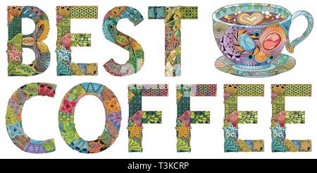 Words BEST COFFEE with cup silhouette. Vector decorative zentangle object Stock Vector