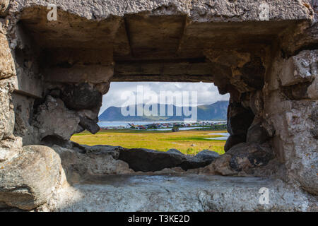 In the old radar station. View on the coast in Eggum, Lofoten Islands, Norway Stock Photo