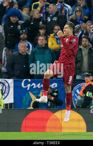 Liverpool's Roberto Firmino celebrates scoring his sides second goal   9th April 2019 , Anfield Stadium, Liverpool, England;  EUFA Champions League Quarter Final, First Leg, Liverpool FC vs FC Porto   Credit: Terry Donnelly/News Images Stock Photo