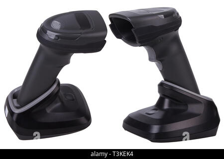 Cordless barcode scanning gun/wand in a USB charging cradle isolated on white. Bluetooth Barcode and QR Code Scanner Stock Photo