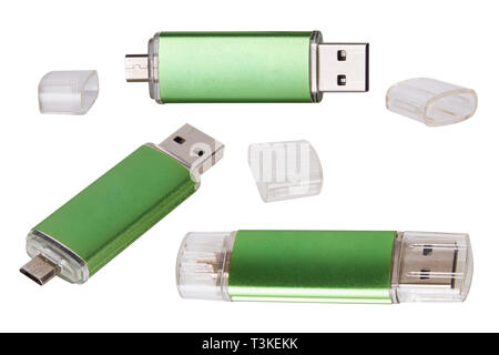 Flash Drive template USB memory. Green USB flash memory (flash drive) isolated on white Stock Photo