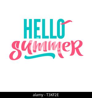 Hello summer bright hand writing, lettering, calligraphy, typography. Print for T-shirt. Graphic design vector element in two color isolated on white Stock Vector