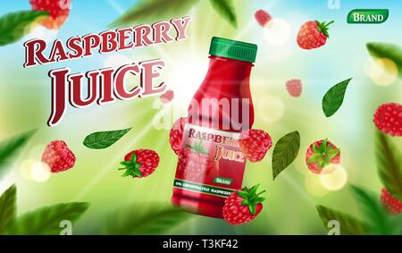 Raspberry juice bottle template for package design. fruit juice container package ad. 3d realistic Sweet food - ripe raspberry Vector illustration Stock Vector