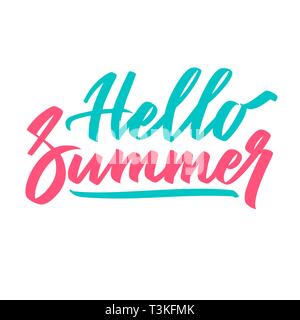 Hello summer bright hand writing, lettering, calligraphy, typography. Print for T-shirt. Graphic design vector element in two color isolated on white Stock Vector