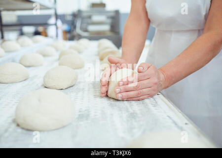 Hands preparing the dough for baking bread in the bakery. Stock Photo