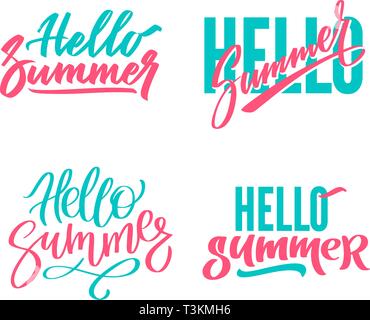 Hello summer graphic print set, Bright hand writing, lettering, calligraphy, typography. Tee slogan, vector text in two color isolated on white Stock Vector