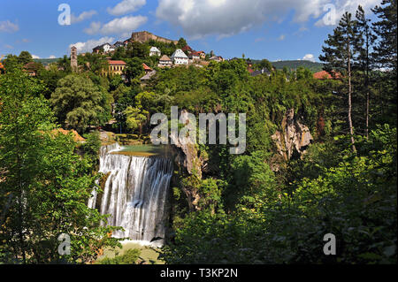 Jajce/ Bosnia and Herzegovina: The Pliva Waterfall in Jajce, where the river Pliva meets the river Vrbas. Stock Photo