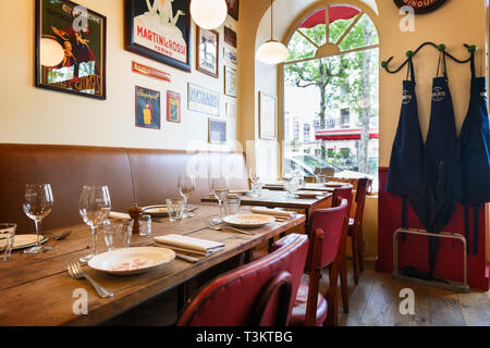 Lyon, France, May 03, 2018 : Style of life : Cute, typical and traditionnal retaurant in Lyon named 'Les Boulistes'Bouchon Lyonnais', at Croix-Rouse d Stock Photo