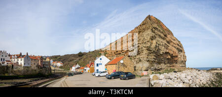 Panorama of the harbour and 'Cow Bar', the headland overlooking Staithes, a traditional fishing village  on the North Yorkshire coast, England UK. Stock Photo