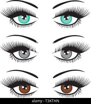 vector illustration of set of beautiful eyes with long lashes. beauty concept. Stock Vector