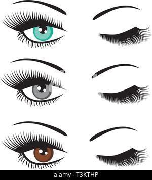vector illustration of set of beautiful eyes with long lashes winking. Stock Vector