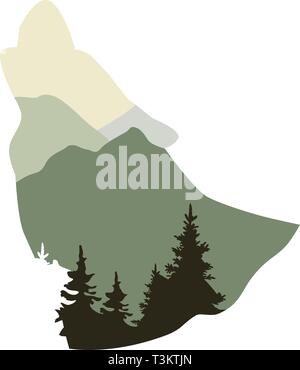 vector illustration of a wolf howling. wolf, animal head silhouette with abstract forest background. Stock Vector