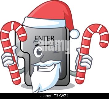 Santa with candy enter button installed on computer cartoon Stock Vector