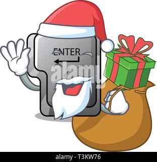 Santa with gift enter button installed on computer cartoon Stock Vector