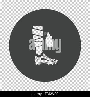 Soccer bandaged leg with aerosol anesthetic icon. Subtract stencil design on tranparency grid. Vector illustration. Stock Vector