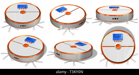 Set of automated robotic vacuum cleaner isolated on white. Stock Photo
