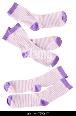 Pair of women's socks isolated on white background. Child's striped socks, white and pink socks Stock Photo