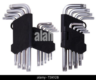 Set of Hex keys (Allen wrenches) in black plastic holder isolated on a white background. This tool used to drive bolts and screws Stock Photo